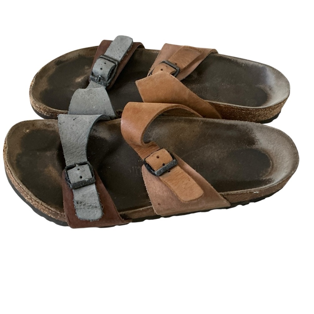 Birkenstock Arizona women brown blue and mustard two strap sandals women’s 7 /38